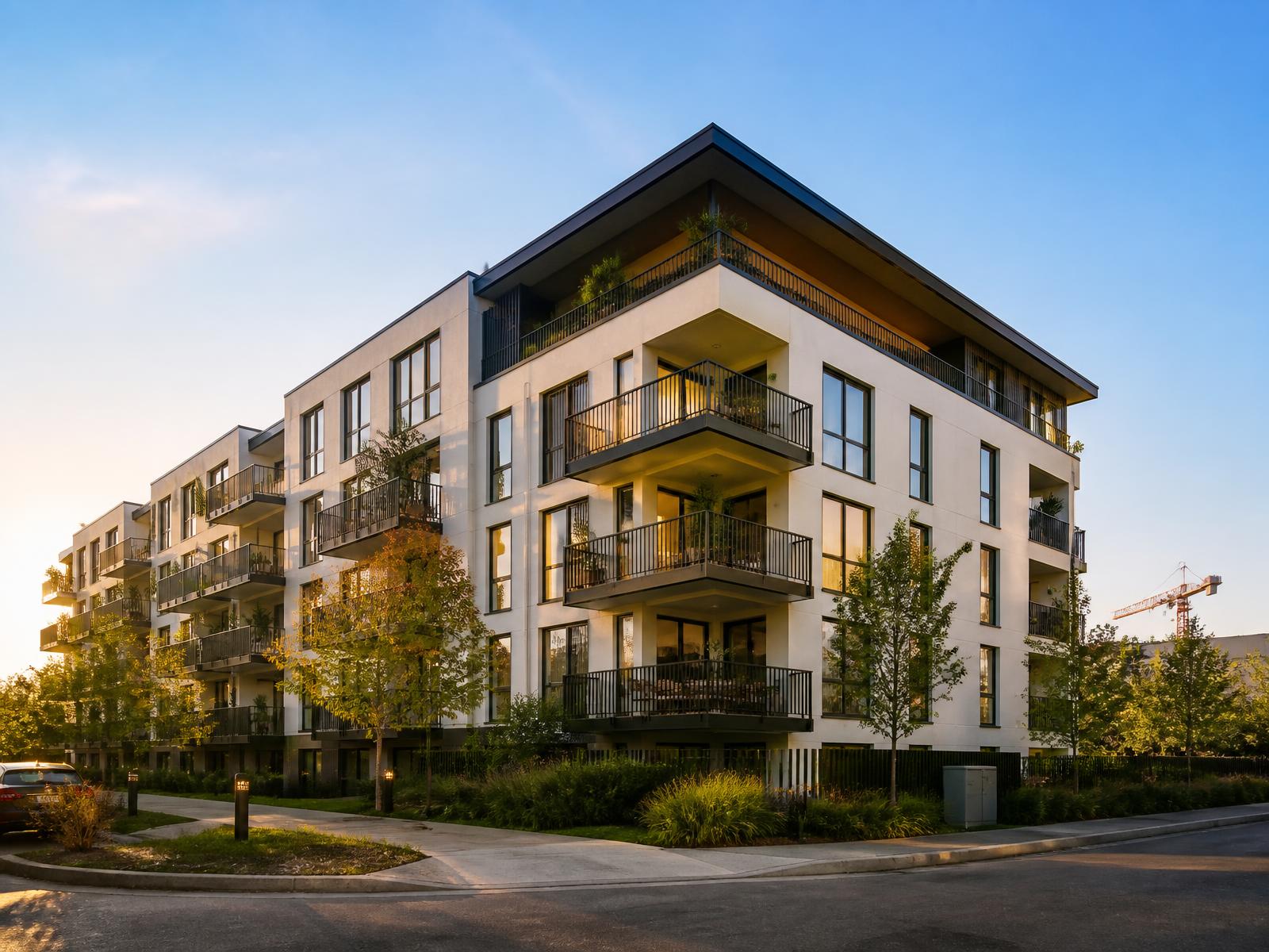 Fachada de um edifício residencial moderno ao fim da tarde